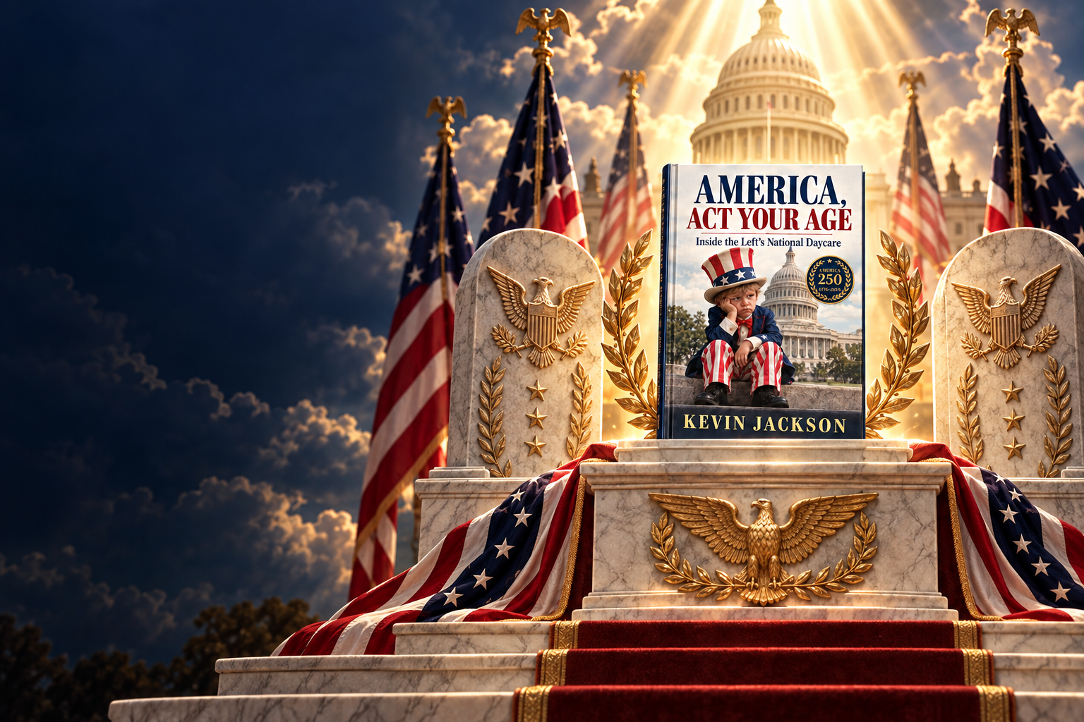 America, Act Your Age displayed like a monumental American artifact