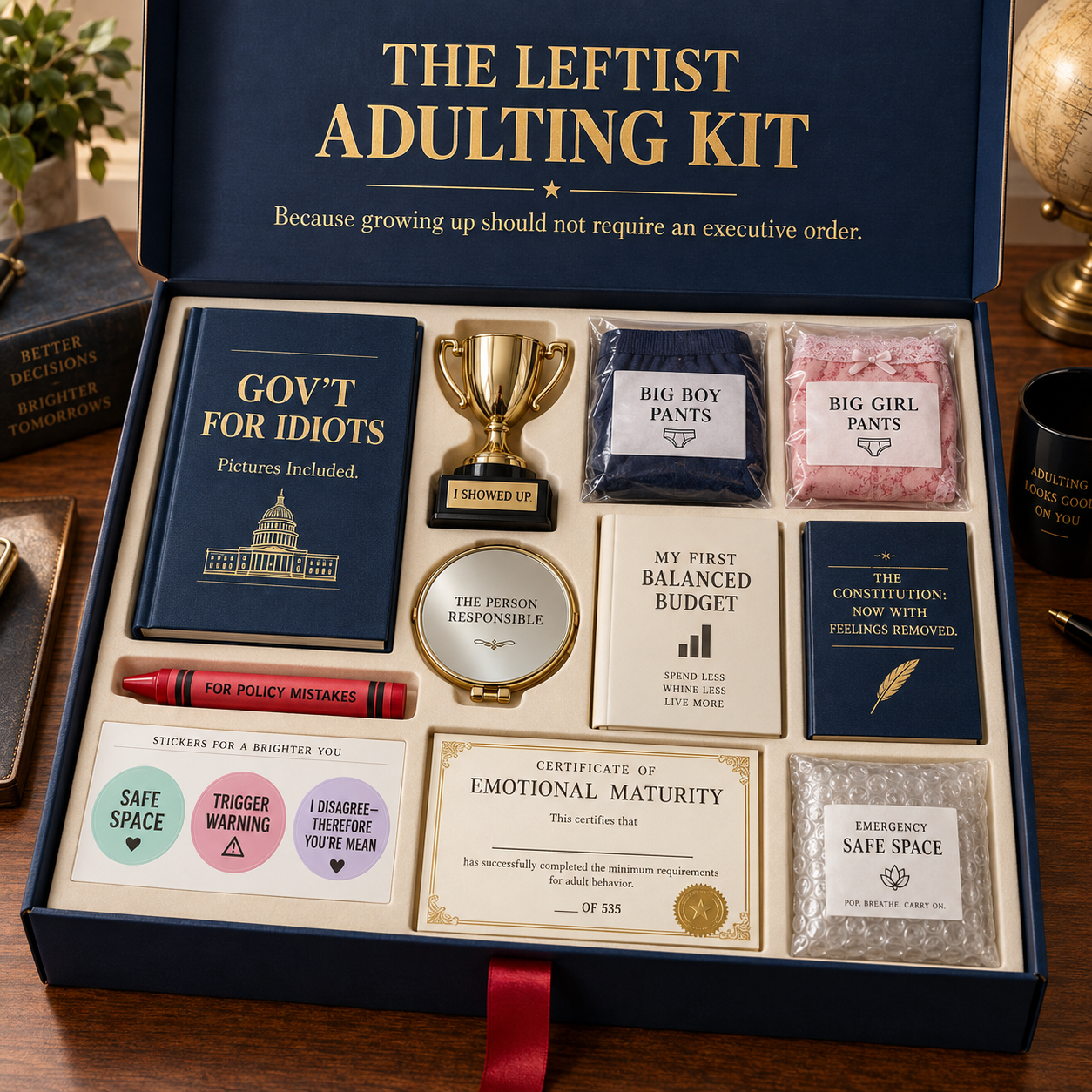 Leftist Adulting Kit with humorous educational contents