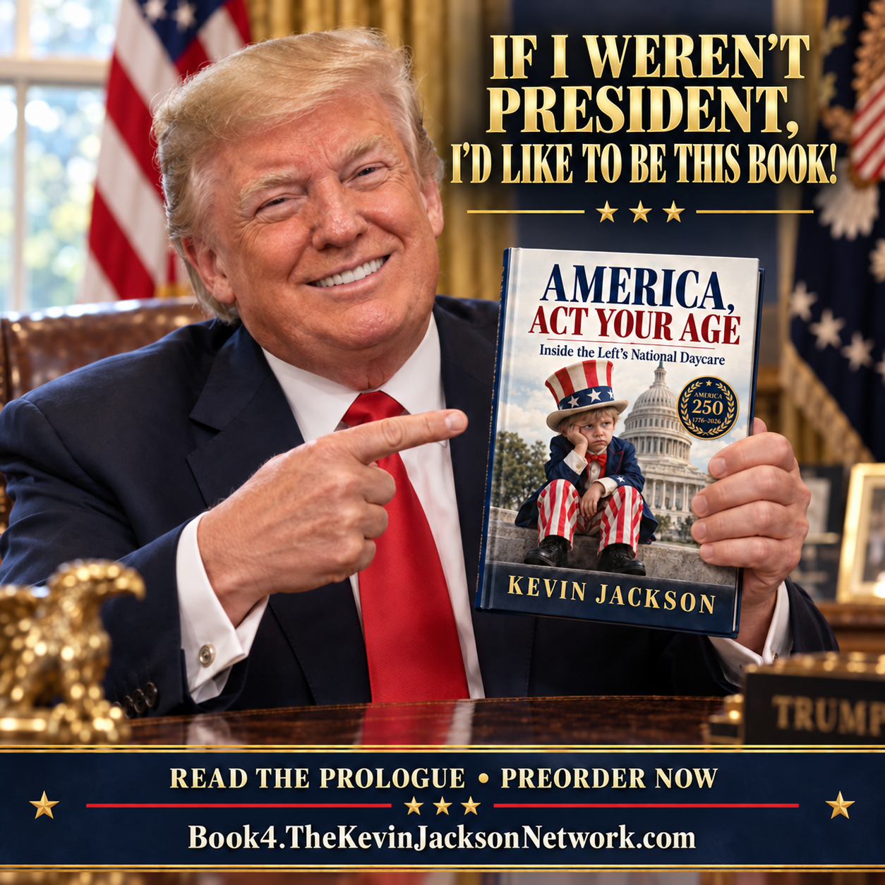 Satirical promotional image of President Trump holding the book
